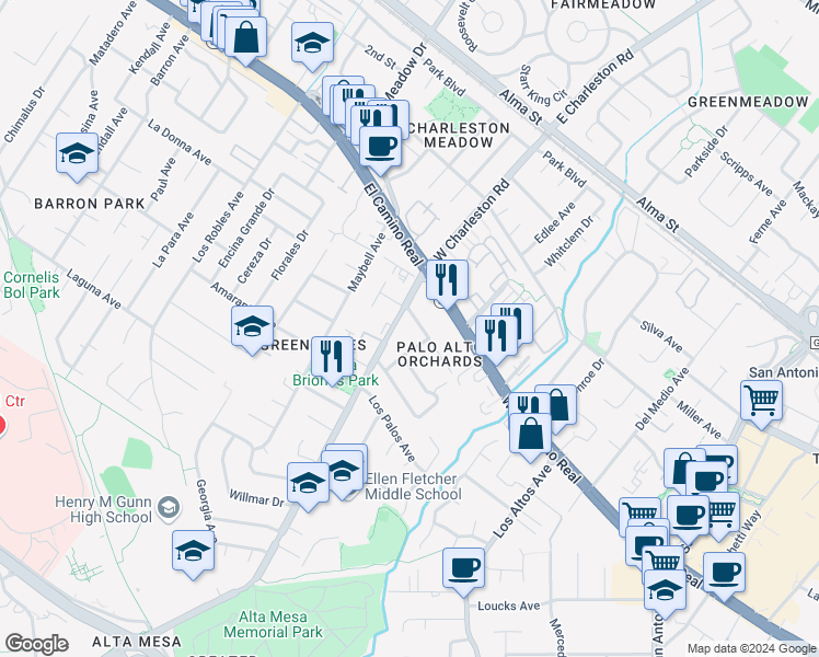 map of restaurants, bars, coffee shops, grocery stores, and more near 565 Arastradero Road in Palo Alto