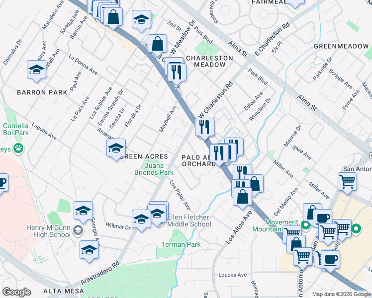 map of restaurants, bars, coffee shops, grocery stores, and more near 565 Arastradero Road in Palo Alto