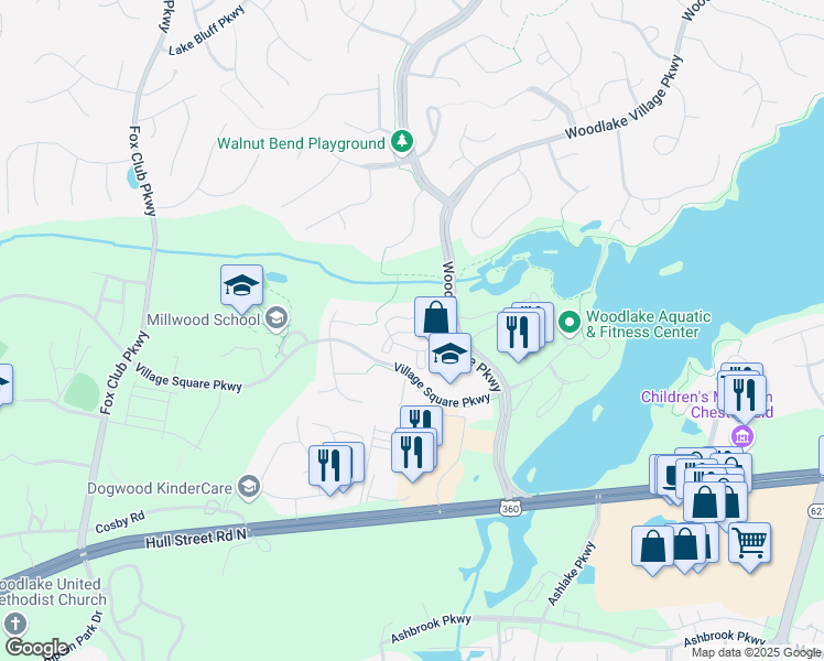 map of restaurants, bars, coffee shops, grocery stores, and more near 6517 Woodlake Village Court in Midlothian