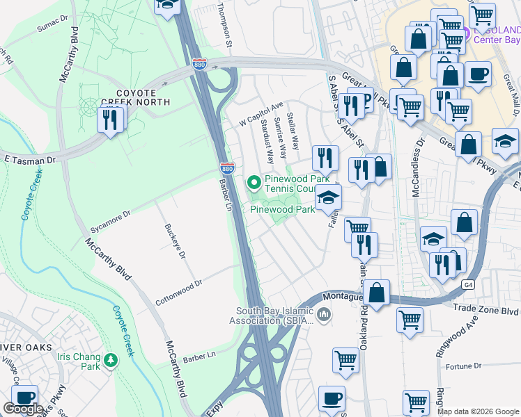 map of restaurants, bars, coffee shops, grocery stores, and more near 400 Gibbons Court in Milpitas