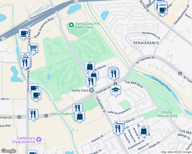 map of restaurants, bars, coffee shops, grocery stores, and more near 2317 Calle De Luna in Santa Clara