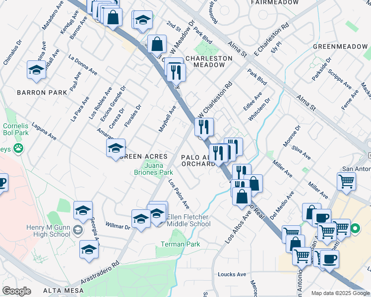 map of restaurants, bars, coffee shops, grocery stores, and more near 565 Arastradero Road in Palo Alto