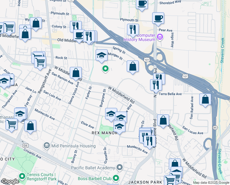 map of restaurants, bars, coffee shops, grocery stores, and more near 73 West Middlefield Road in Mountain View