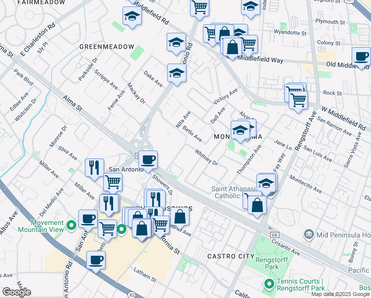 map of restaurants, bars, coffee shops, grocery stores, and more near 2491 Whitney Drive in Mountain View
