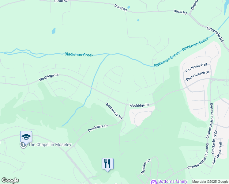 map of restaurants, bars, coffee shops, grocery stores, and more near 6501 Seven Falls Way in Moseley