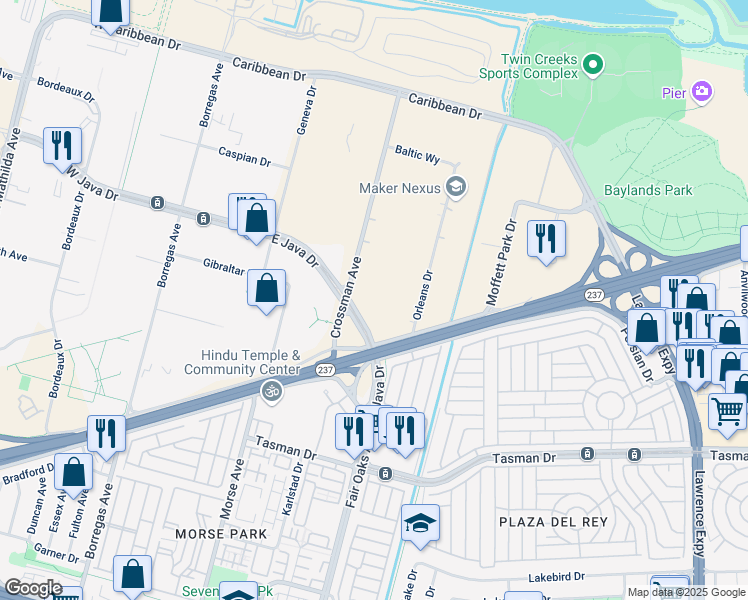 map of restaurants, bars, coffee shops, grocery stores, and more near 1240 Crossman Avenue in Sunnyvale
