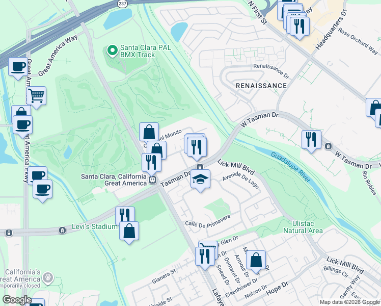 map of restaurants, bars, coffee shops, grocery stores, and more near 2278 Calle De Luna in Santa Clara