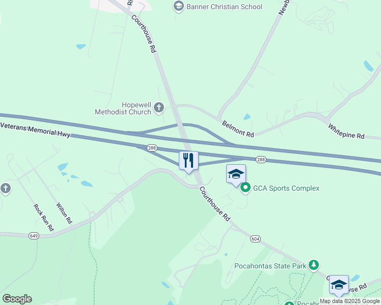 map of restaurants, bars, coffee shops, grocery stores, and more near World War II Veterans Memorial Highway in Chesterfield