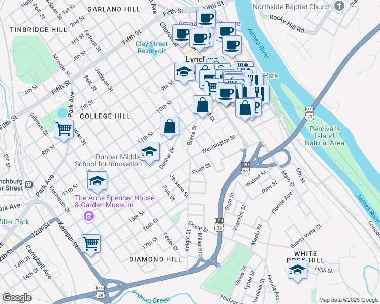 map of restaurants, bars, coffee shops, grocery stores, and more near in Lynchburg