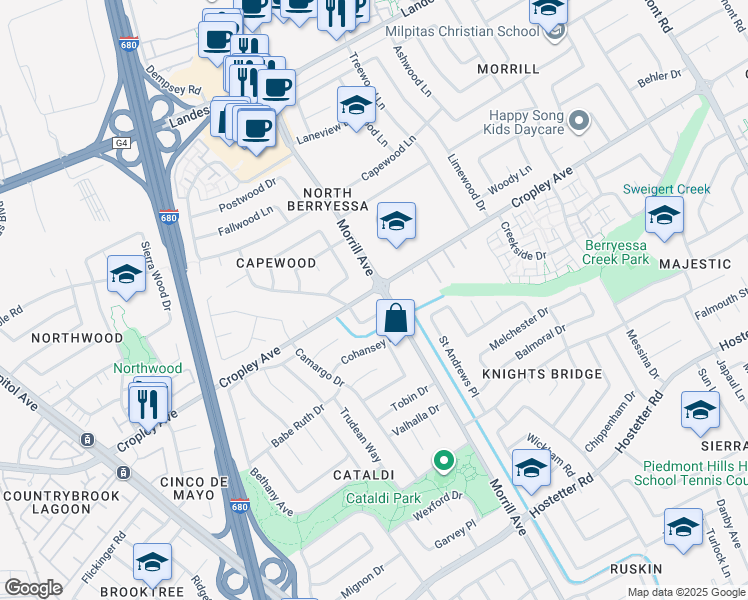 map of restaurants, bars, coffee shops, grocery stores, and more near 3068 Cropley Avenue in San Jose