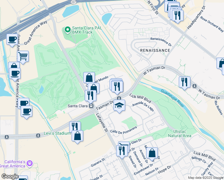 map of restaurants, bars, coffee shops, grocery stores, and more near 2272 Calle De Luna in Santa Clara
