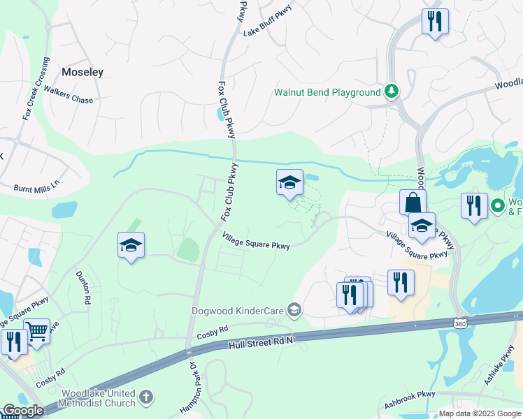 map of restaurants, bars, coffee shops, grocery stores, and more near 6453 Lila Crest Lane in Midlothian