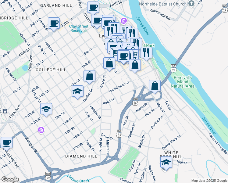 map of restaurants, bars, coffee shops, grocery stores, and more near 508 Washington Street in Lynchburg