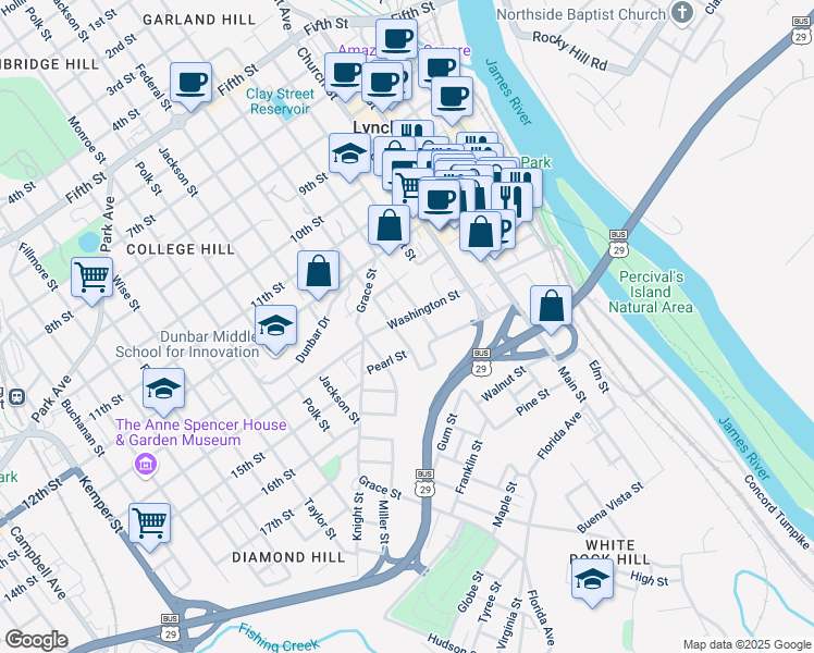 map of restaurants, bars, coffee shops, grocery stores, and more near 508 Washington Street in Lynchburg