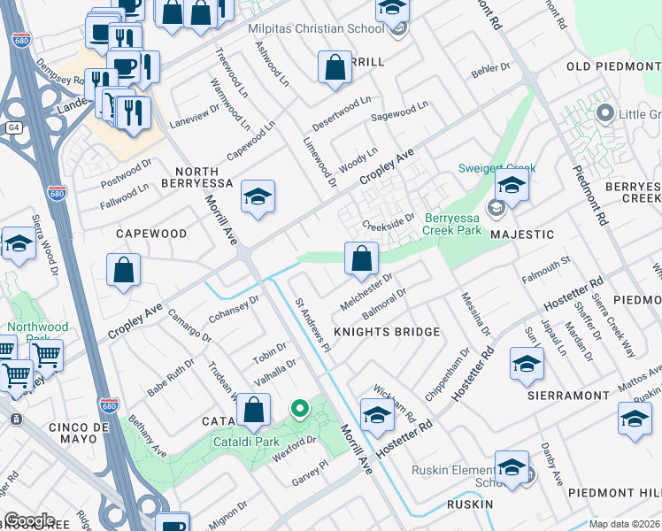 map of restaurants, bars, coffee shops, grocery stores, and more near 1888 Montford Court in San Jose