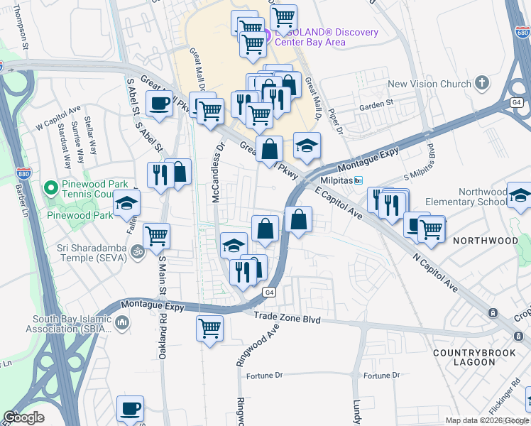 map of restaurants, bars, coffee shops, grocery stores, and more near in Milpitas