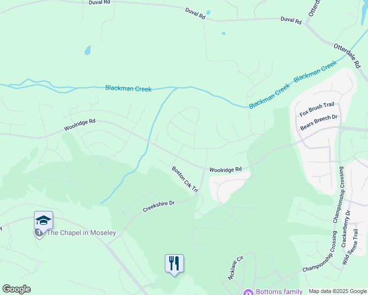 map of restaurants, bars, coffee shops, grocery stores, and more near 6501 Seven Falls Way in Moseley
