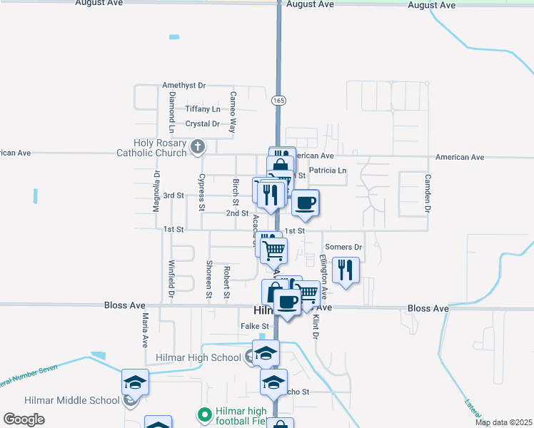 map of restaurants, bars, coffee shops, grocery stores, and more near 20035 2nd Street in Hilmar