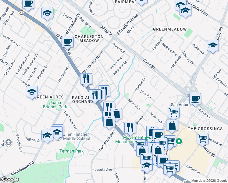 map of restaurants, bars, coffee shops, grocery stores, and more near 4298 Wilkie Way in Palo Alto