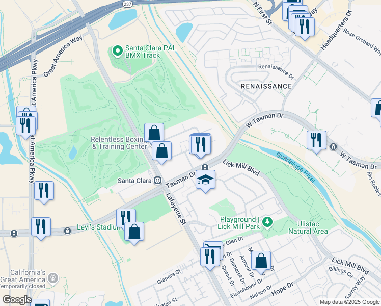 map of restaurants, bars, coffee shops, grocery stores, and more near 5128 Calle Del Sol in Santa Clara