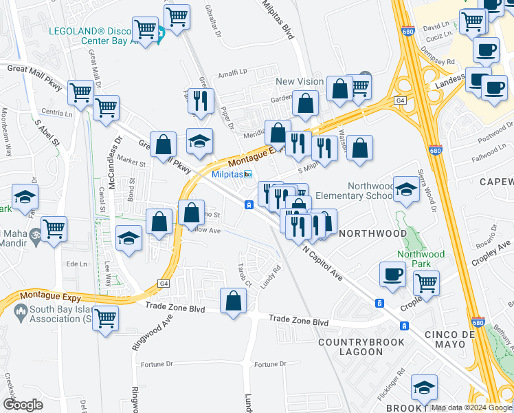 map of restaurants, bars, coffee shops, grocery stores, and more near 757 East Capitol Avenue in Milpitas