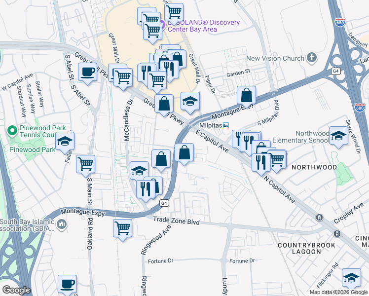 map of restaurants, bars, coffee shops, grocery stores, and more near 1625 Delano Street in Milpitas