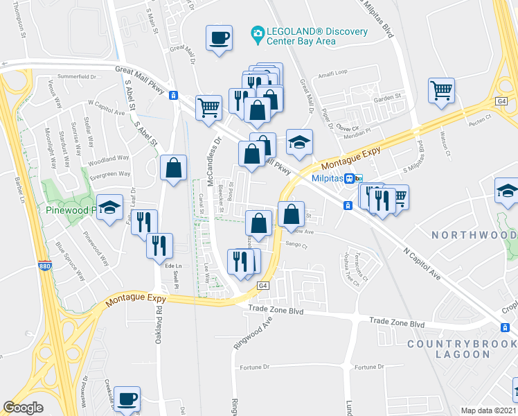 map of restaurants, bars, coffee shops, grocery stores, and more near in Milpitas