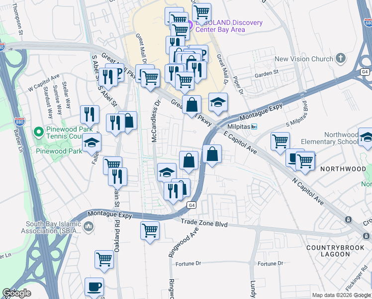map of restaurants, bars, coffee shops, grocery stores, and more near 1511 Coffee Berry Lane in Milpitas