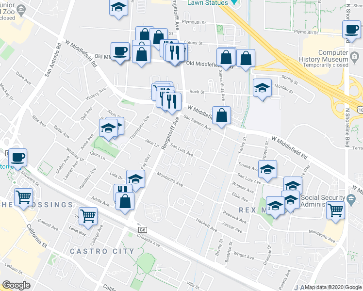 map of restaurants, bars, coffee shops, grocery stores, and more near 2034 San Luis Avenue in Mountain View