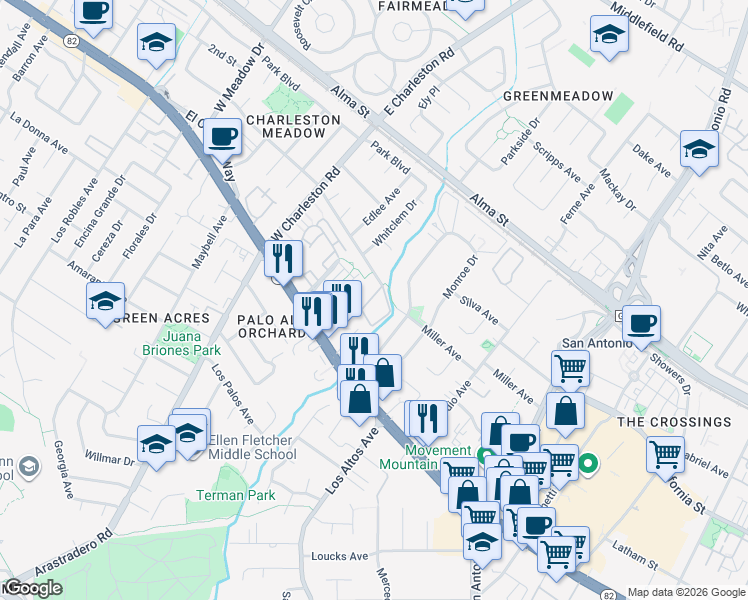 map of restaurants, bars, coffee shops, grocery stores, and more near 4298 Wilkie Way in Palo Alto