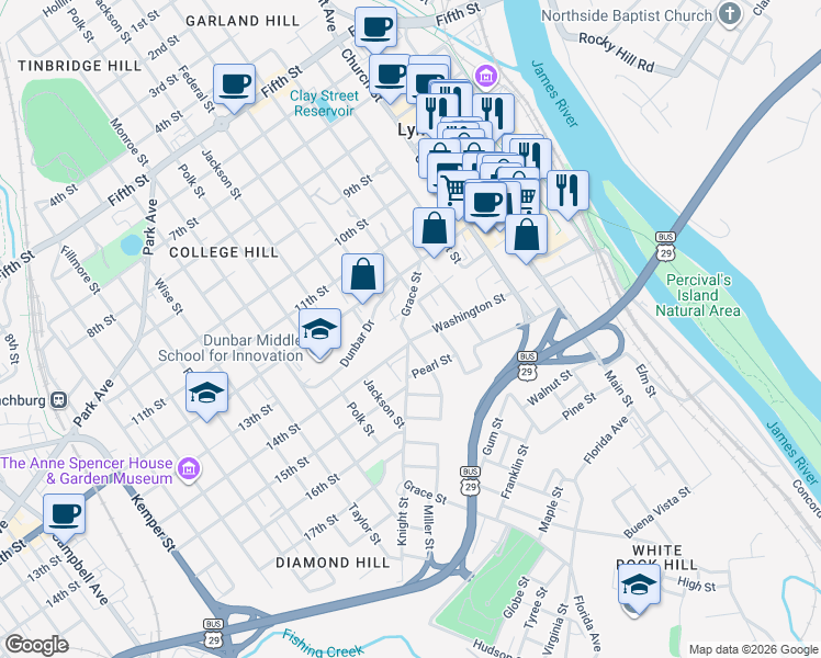 map of restaurants, bars, coffee shops, grocery stores, and more near in Lynchburg