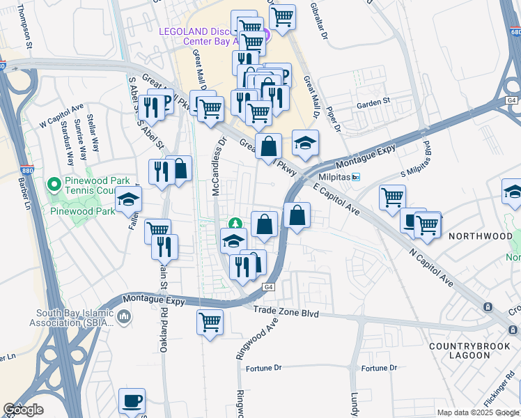 map of restaurants, bars, coffee shops, grocery stores, and more near 1677 Centre Pointe Drive in Milpitas