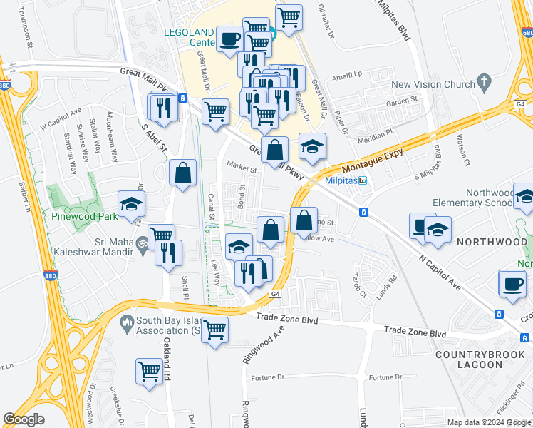 map of restaurants, bars, coffee shops, grocery stores, and more near 1677 Centre Pointe Drive in Milpitas