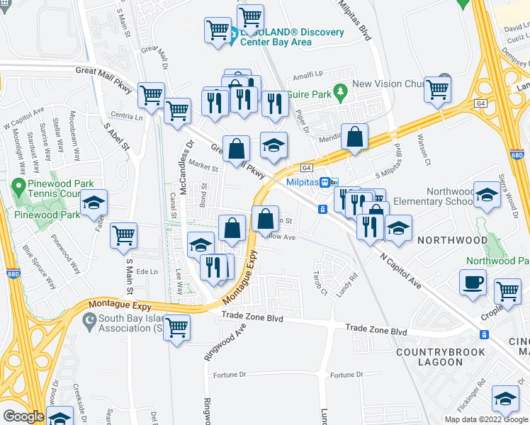map of restaurants, bars, coffee shops, grocery stores, and more near 1625 Delano Street in Milpitas