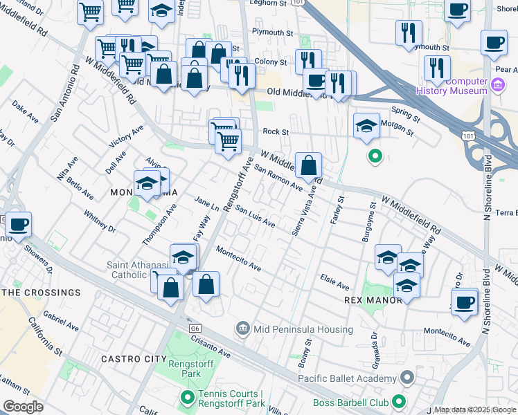 map of restaurants, bars, coffee shops, grocery stores, and more near 2034 San Luis Avenue in Mountain View