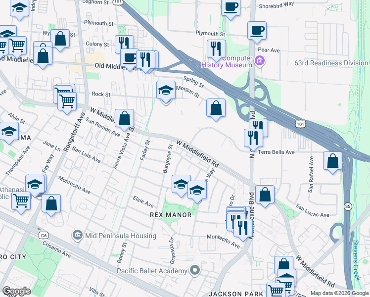 map of restaurants, bars, coffee shops, grocery stores, and more near 73 West Middlefield Road in Mountain View