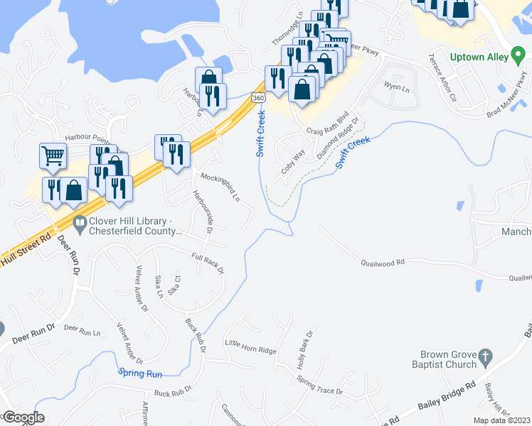 map of restaurants, bars, coffee shops, grocery stores, and more near 6331 Mockingbird Lane in Midlothian