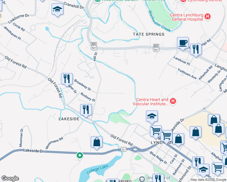map of restaurants, bars, coffee shops, grocery stores, and more near 1824 Broadway Street in Lynchburg