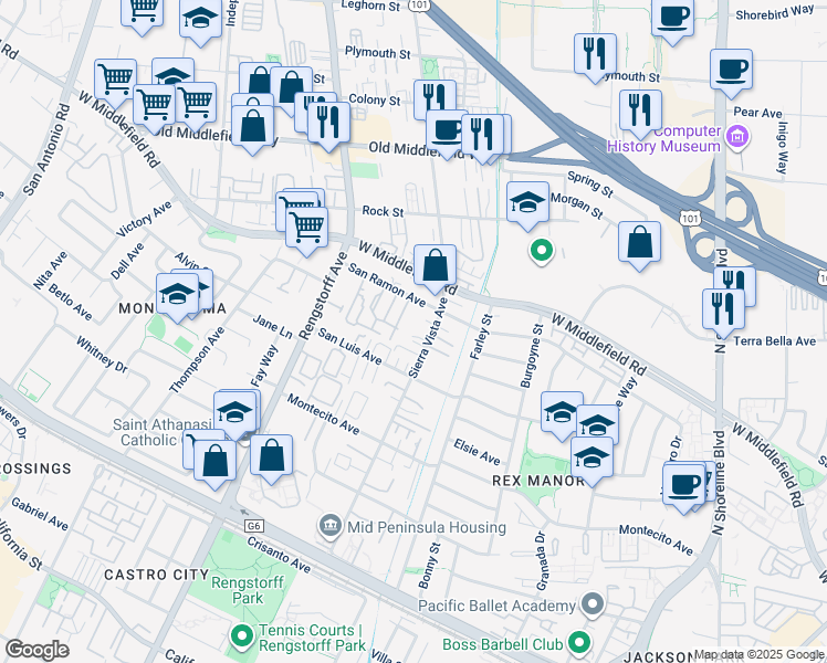 map of restaurants, bars, coffee shops, grocery stores, and more near 450 Sierra Vista Avenue in Mountain View