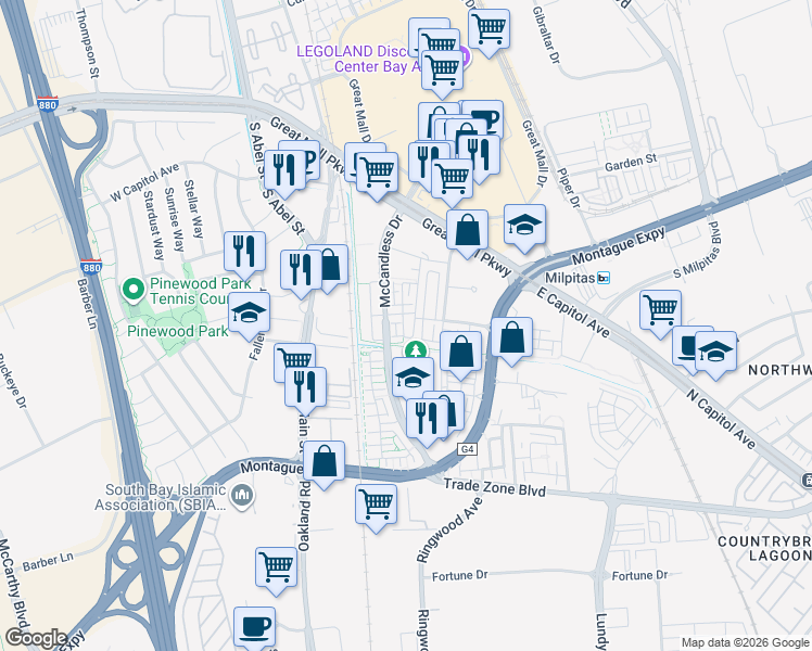 map of restaurants, bars, coffee shops, grocery stores, and more near 1572 Bleecker Street in Milpitas