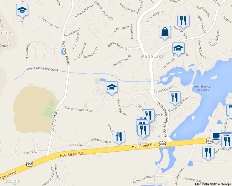 map of restaurants, bars, coffee shops, grocery stores, and more near 6510 Hickory Grove Drive in Midlothian
