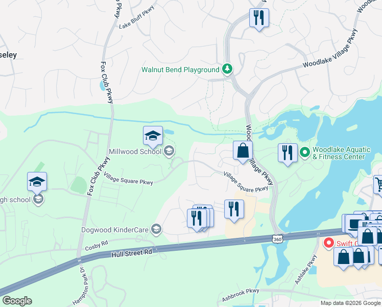 map of restaurants, bars, coffee shops, grocery stores, and more near 6510 Hickory Grove Drive in Midlothian