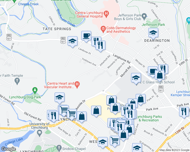 map of restaurants, bars, coffee shops, grocery stores, and more near 2315 Yorktown Avenue in Lynchburg