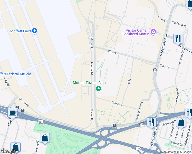 map of restaurants, bars, coffee shops, grocery stores, and more near 1120 Enterprise Way in Sunnyvale