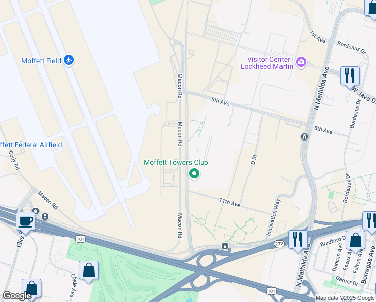 map of restaurants, bars, coffee shops, grocery stores, and more near 1100 Enterprise Way in Sunnyvale