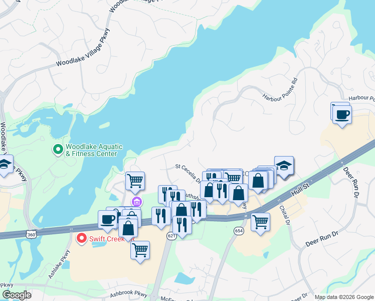 map of restaurants, bars, coffee shops, grocery stores, and more near 14025 Southshore Road in Midlothian