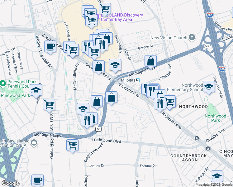 map of restaurants, bars, coffee shops, grocery stores, and more near 1625 Delano Street in Milpitas