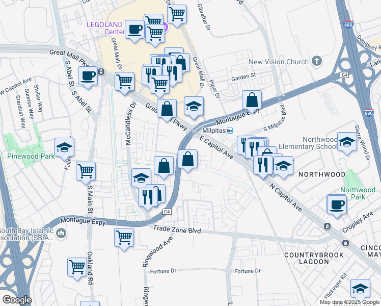map of restaurants, bars, coffee shops, grocery stores, and more near 1625 Delano Street in Milpitas