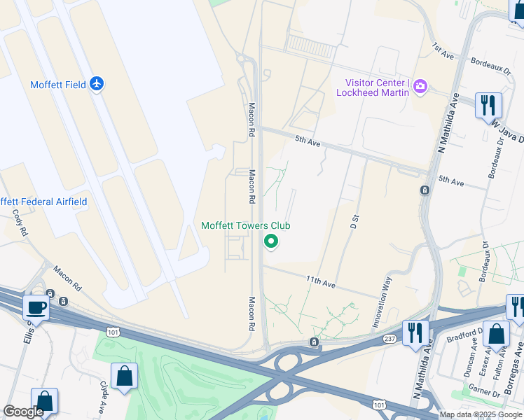 map of restaurants, bars, coffee shops, grocery stores, and more near 1120 Enterprise Way in Mountain View