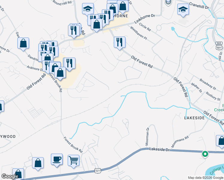 map of restaurants, bars, coffee shops, grocery stores, and more near 3302 Forest Brook Road in Lynchburg